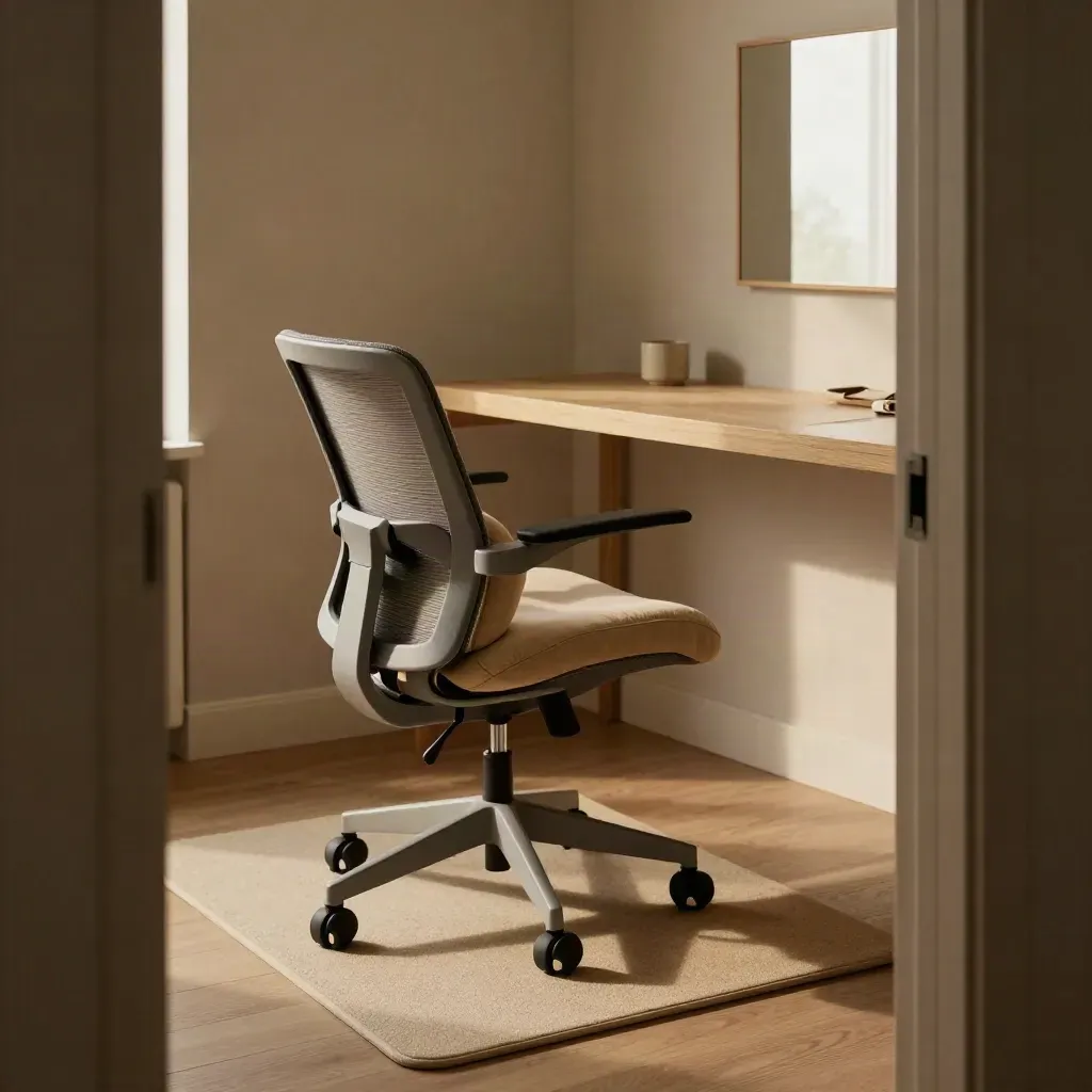 Angolo lavoro con sedia ergonomica, cuscino lombare, tappetino e specchio in luce pomeridiana.