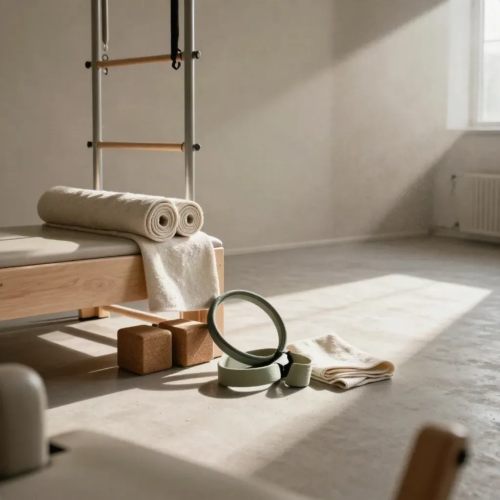 Reformer Pilates in legno chiaro con anelli, blocchi e tappetino in uno studio ovattato.