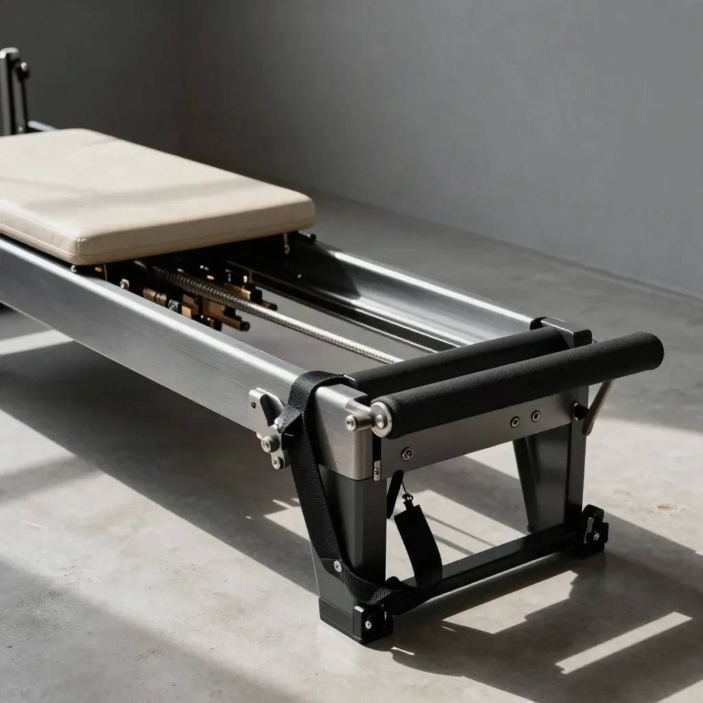 Reformer in studio ripreso dal basso, con molle tese, cinghie e blocchi spalla in luce fredda.
