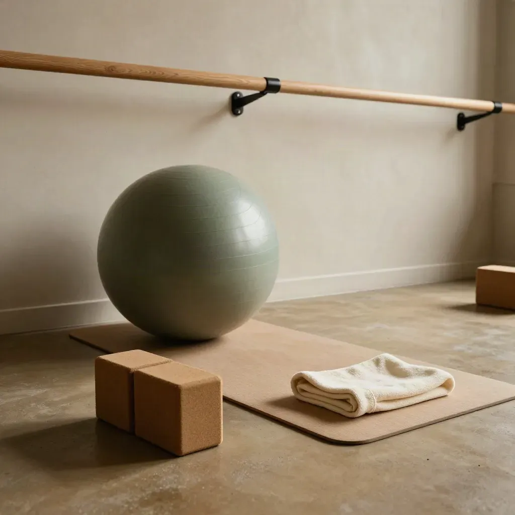 Area Pilates con palla, mattoncini e asciugamano sotto la spalliera, luce morbida.