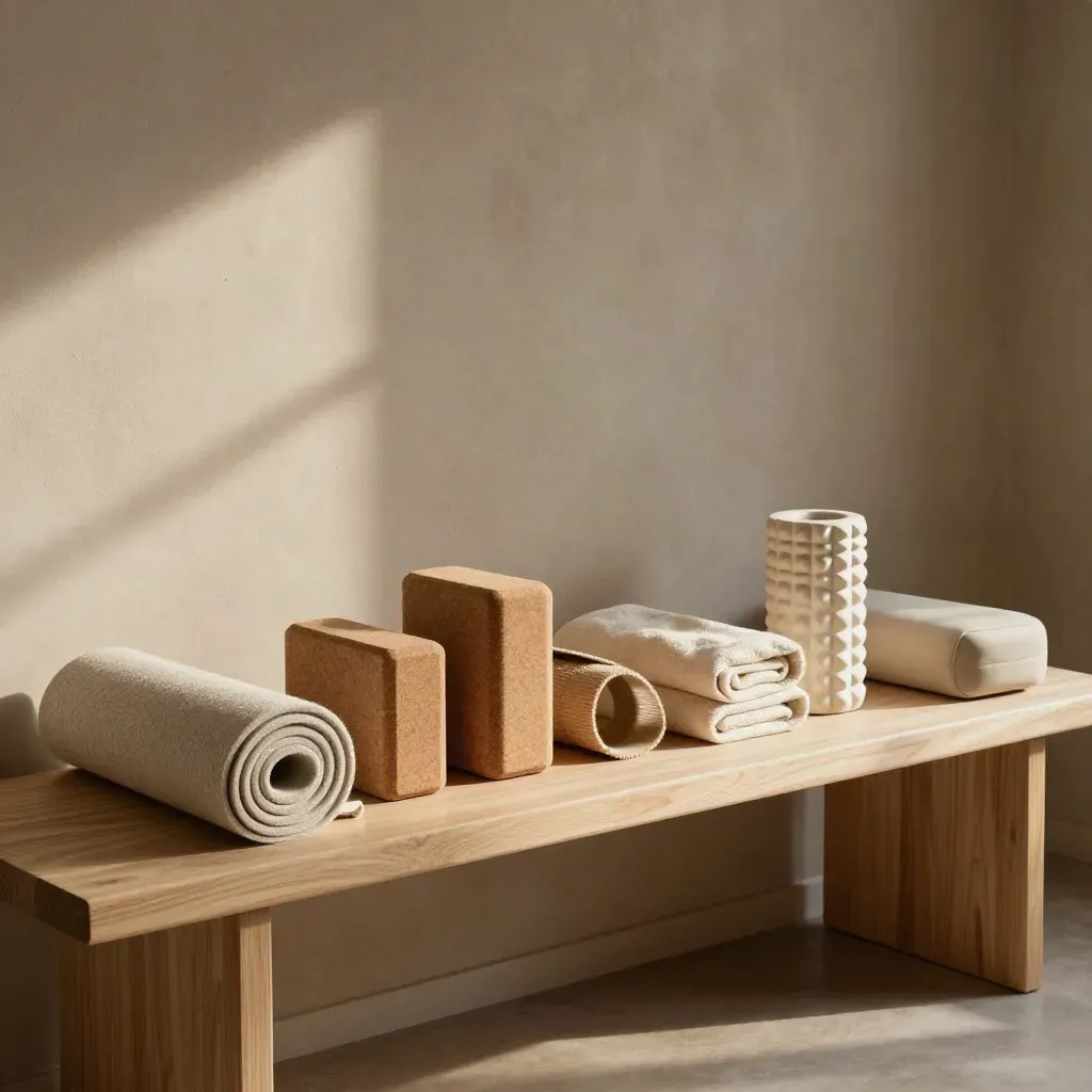 Panca con sette pile di attrezzi Pilates, luce calda del pomeriggio, atmosfera calma.