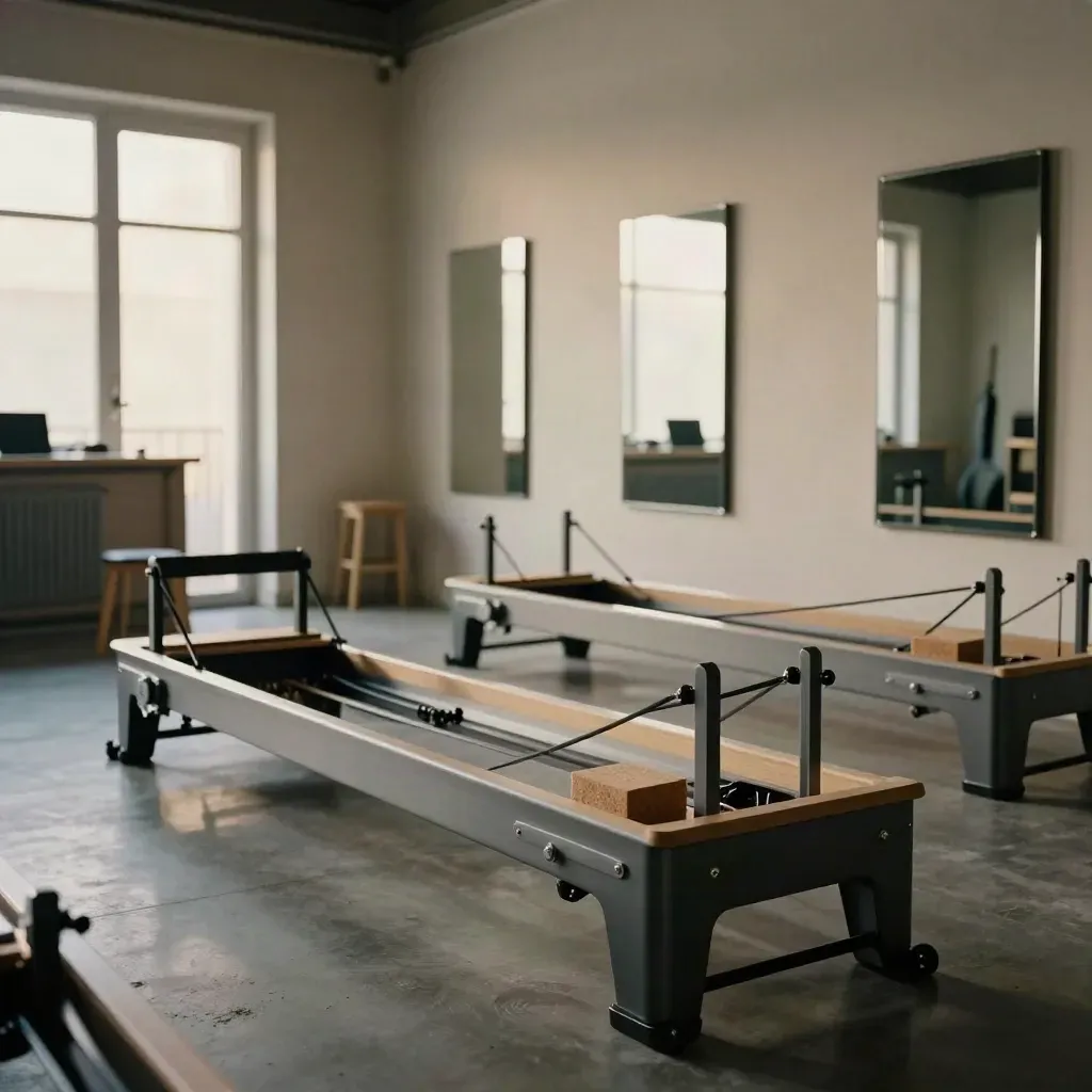 Studio di Pilates vuoto con reformer allineati, blocchi e specchi in luce mattutina.