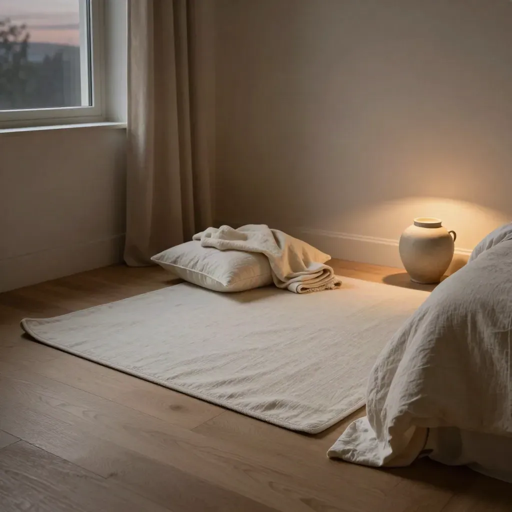 Angolo pilates serale in camera con tappetino, bolster, coperta e lampada in luce tenue.