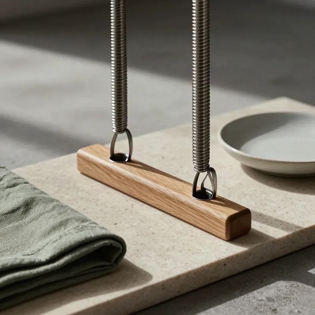 Molla del reformer con tessuto piegato e piattino ceramico su vassoio in pietra.