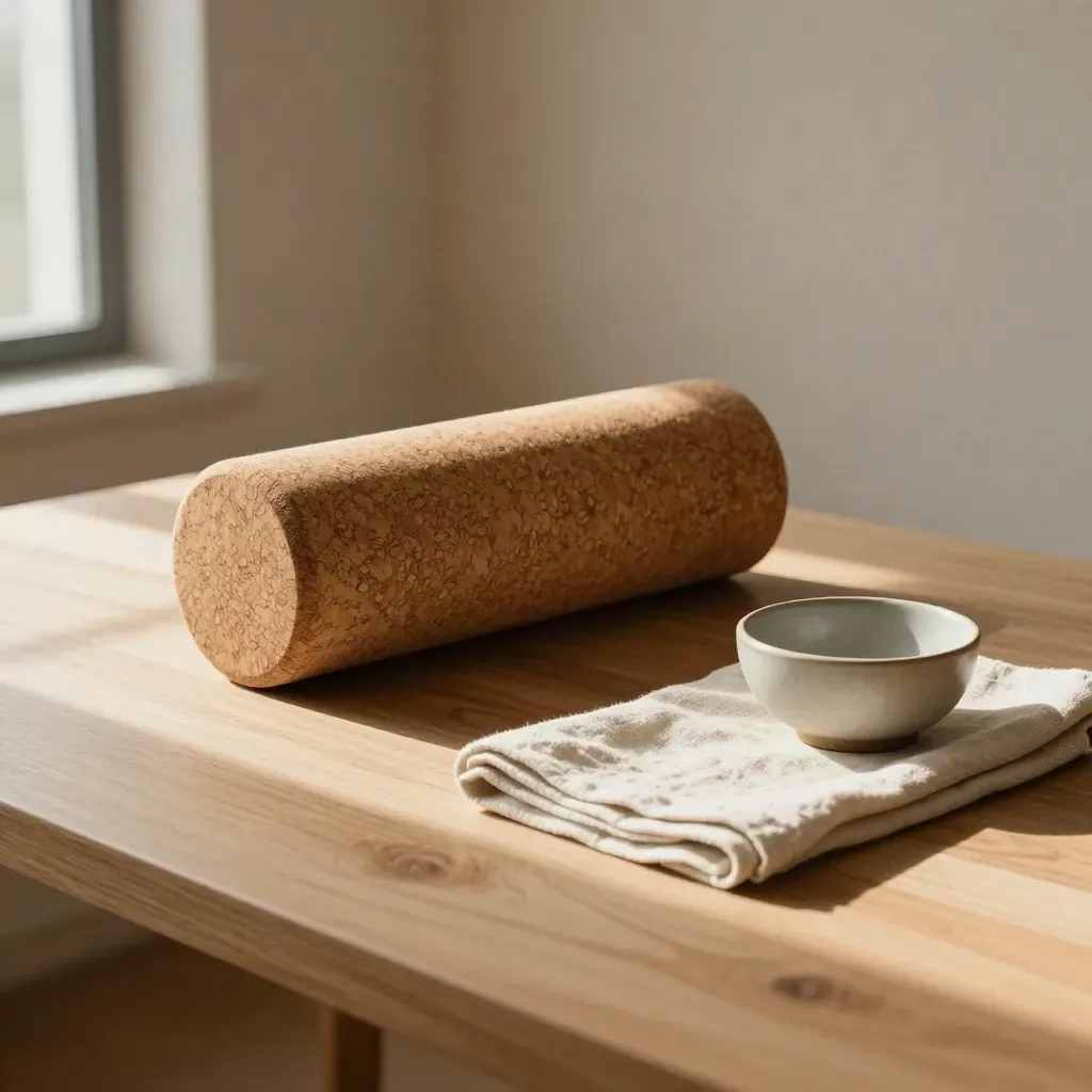 Rullo lombare in sughero con telo piegato e ciotola ceramica su legno chiaro.